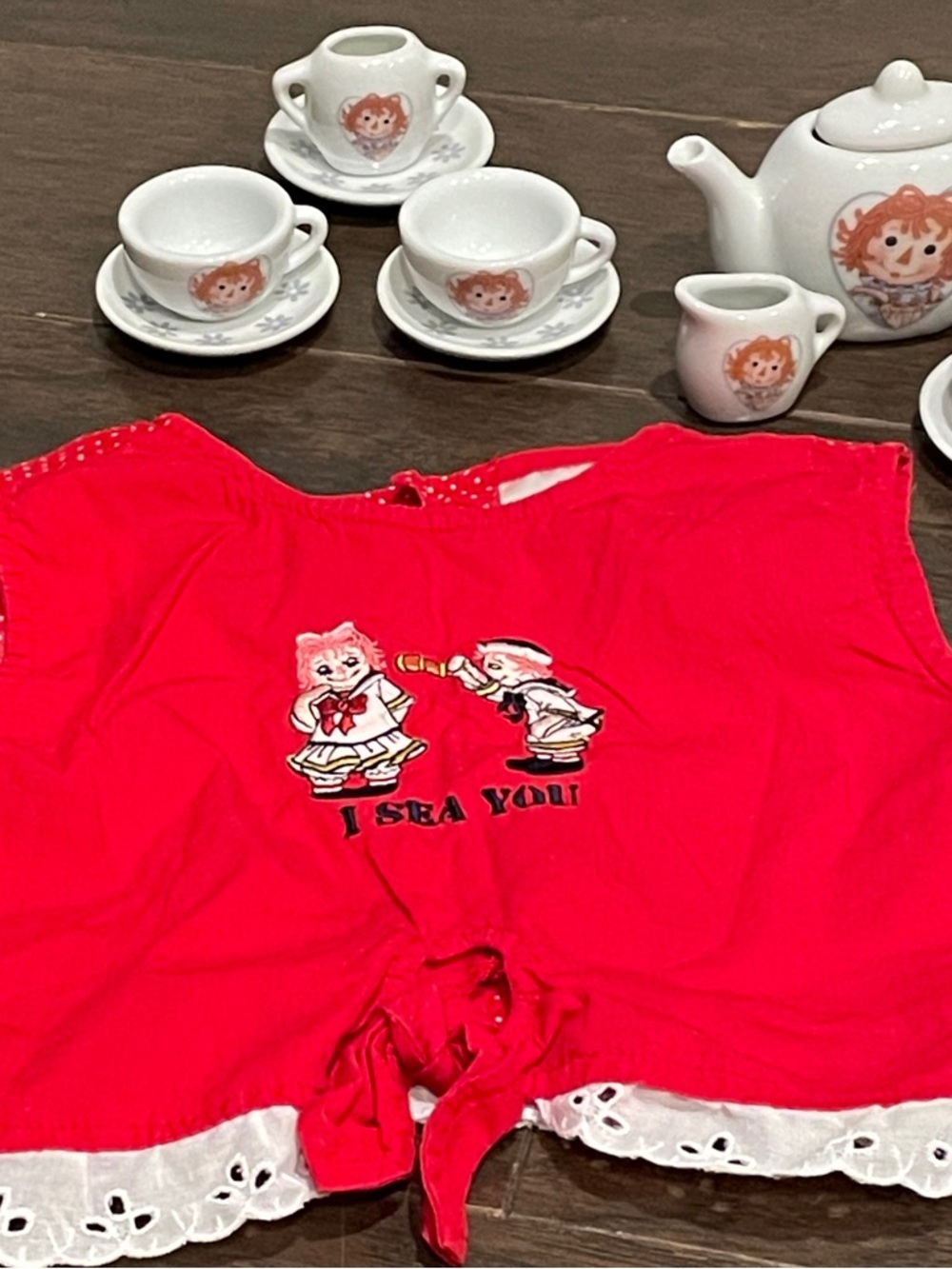 Vintage Raggedy Ann & Andy Embroidered Shirt 4t W/Schylling Tea Set 80’s